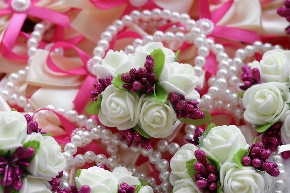 vit, halsband, pärla, vit blomma, dekorativa, blommor, ökade, bukett, blomma, rosa