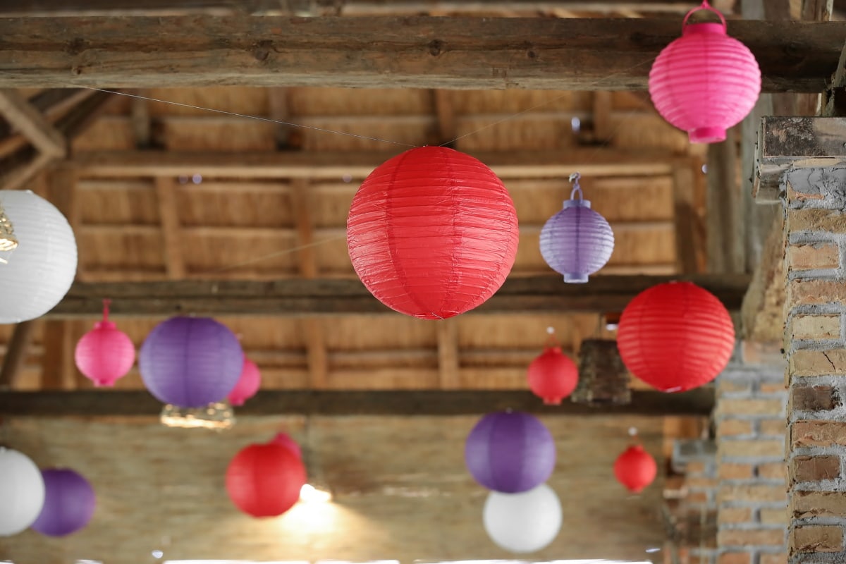 Chinois, lanterne, toit, fait main, au plafond, suspendu, artisanat, Design d’intérieur, bois, Noël