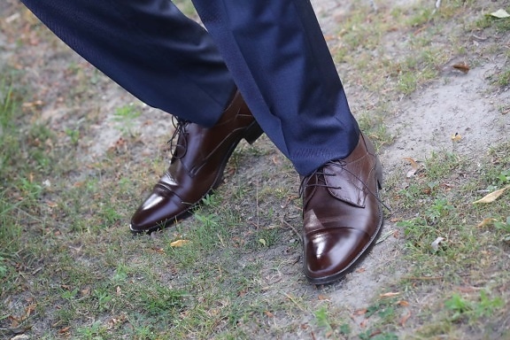 leather, brown, shoes, businessman, pants, grassy, ground, clothing, footwear, shoe