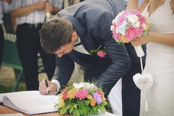 ceremony, wedding, husband, wedding dress, marriage, pencil, suit, document, bouquet, woman