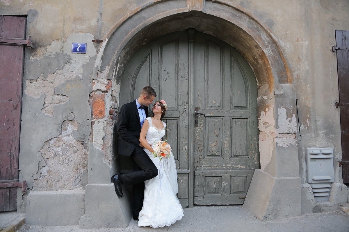 pintu depan, lama, masuk, Pengantin, fasad, pengantin pria, pernikahan, orang-orang, pintu, jalan