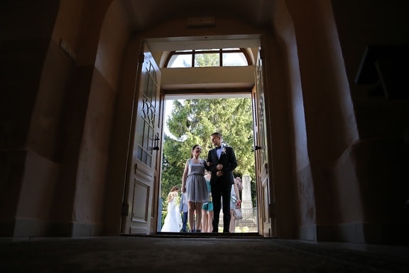 entrance, bride, front door, shadow, groom, window, people, architecture, indoors, portrait