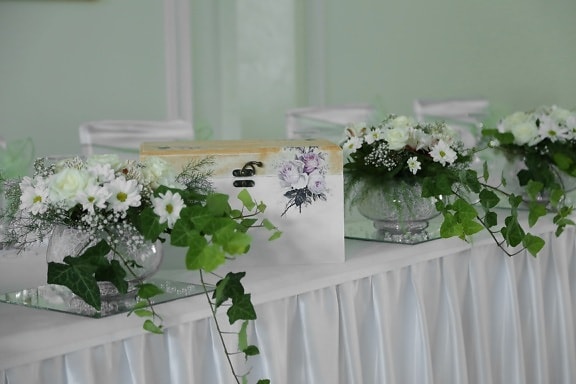 kotak, hadiah, elegan, Ruang makan, vas, pernikahan, bunga, bunga, karangan bunga, pengaturan