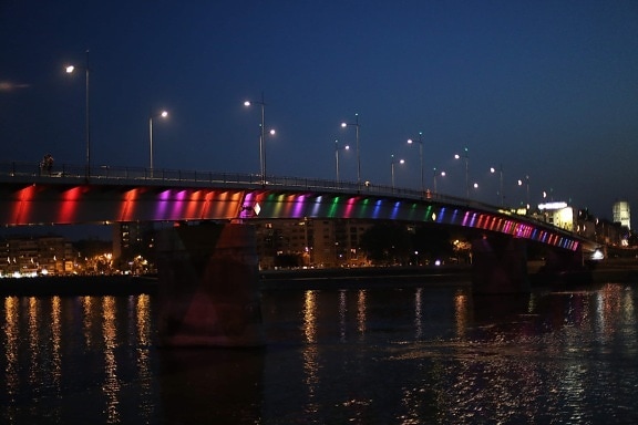 彩虹, 晚上, 桥梁, 水, 纹, 设备, 结构, 码头, 河, 城市