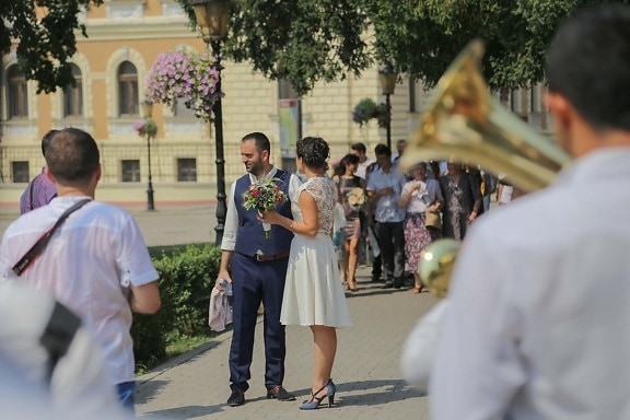 wedding, trumpeter, street, bride, wedding dress, people, man, person, smile, student