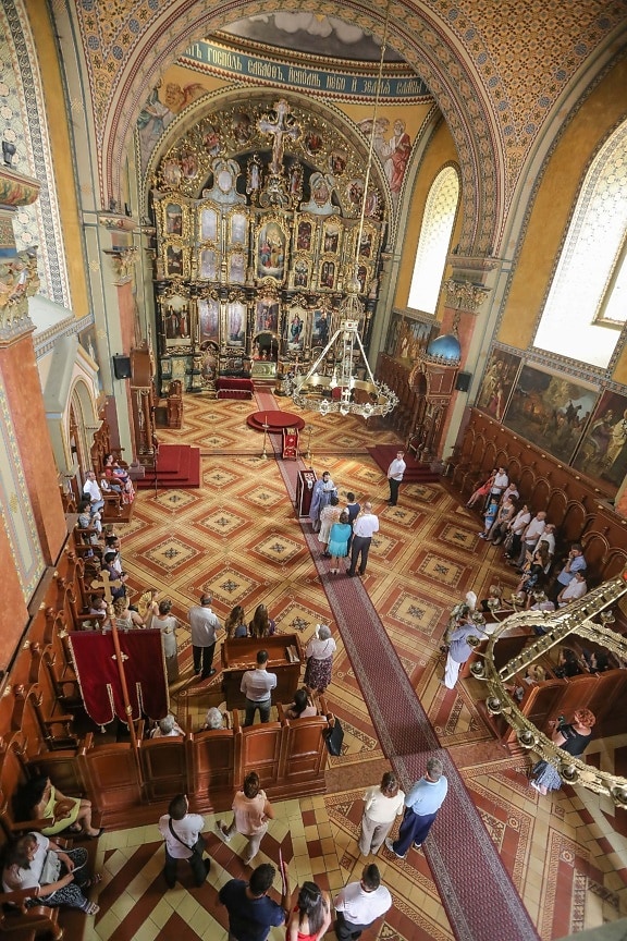 ortodoxní, oltář, kostel, svatba, obřad, lidé, náboženství, uvnitř, strop, malba
