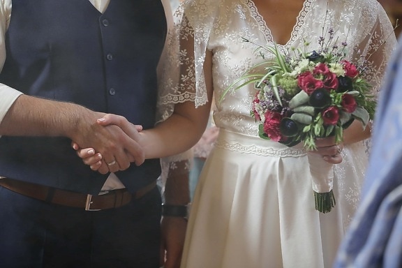комфорт, брак, жена, церемония, съпруг, венчален пръстен, сватбен букет, сватбена рокля, младоженеца, рокля