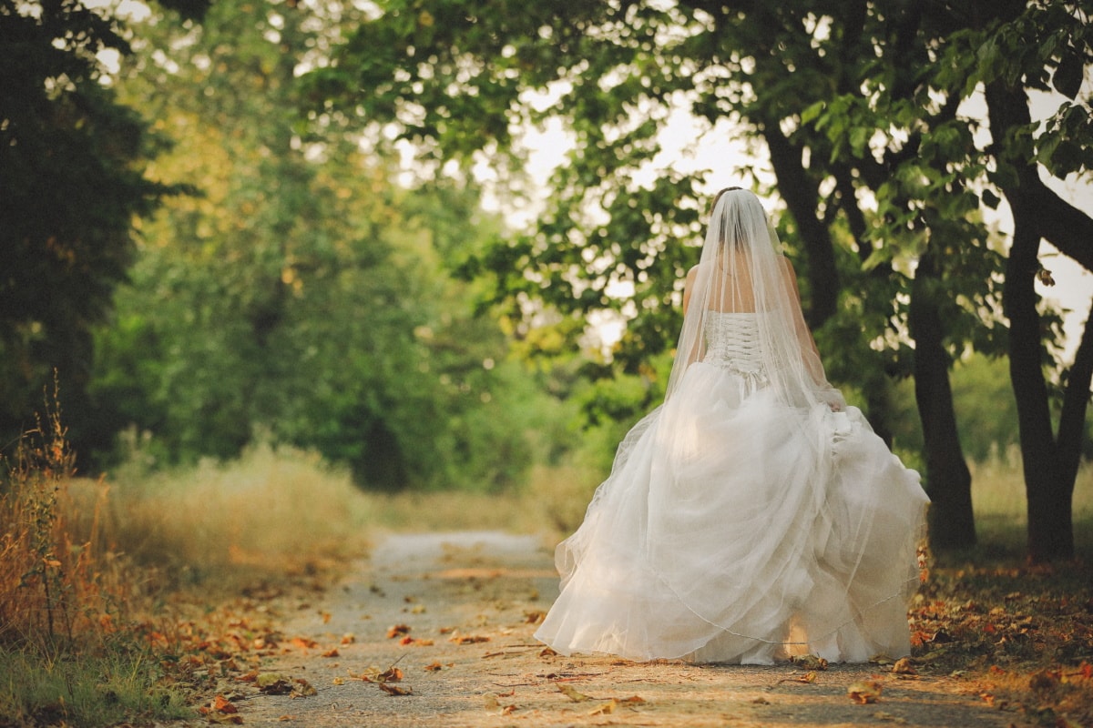 mladenka, vjenčanica, hodanje, jesen, šumska cesta, vjenčanje, kontejner, haljina, ljubav, brak