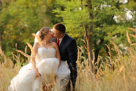professional, wedding, photography, groom, kiss, bride, wedding dress, summer season, grass, bouquet