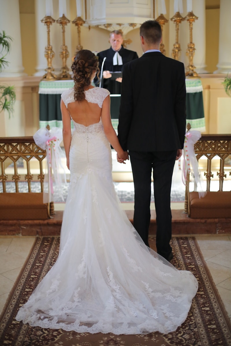 cathedral, catholic, wedding, priest, ceremony, bride, groom, marriage, love, woman