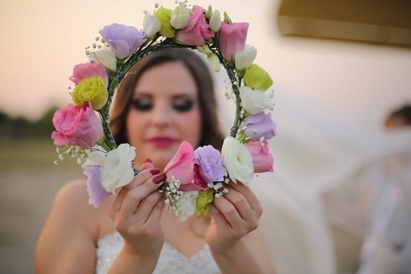 bride, wedding bouquet, hands, blur, face, arrangement, bouquet, flowers, flower, decoration