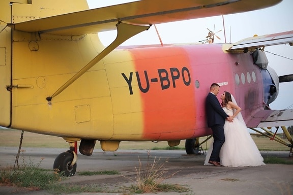 aircraft engine, biplane, groom, bride, romance, pilot, airplane, airport, aircraft, flight