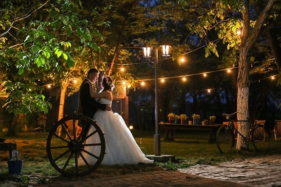 bride, vintage, groom, village, lamp, nightlife, cart, wheel, people, street