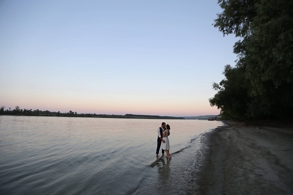 beach, kiss, hugging, love, shore, lake, water, lakeside, sandbar, ocean