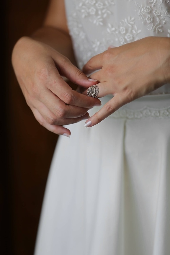 anneaux, bague de mariage, mariage, robe de mariée, mains, doigt, Dame, la mariée, femme, main