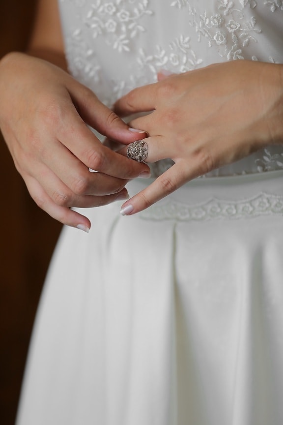 vestido de novia, anillo de bodas, manicura, manos, boda, mujer, novia, mano, amor, lujo