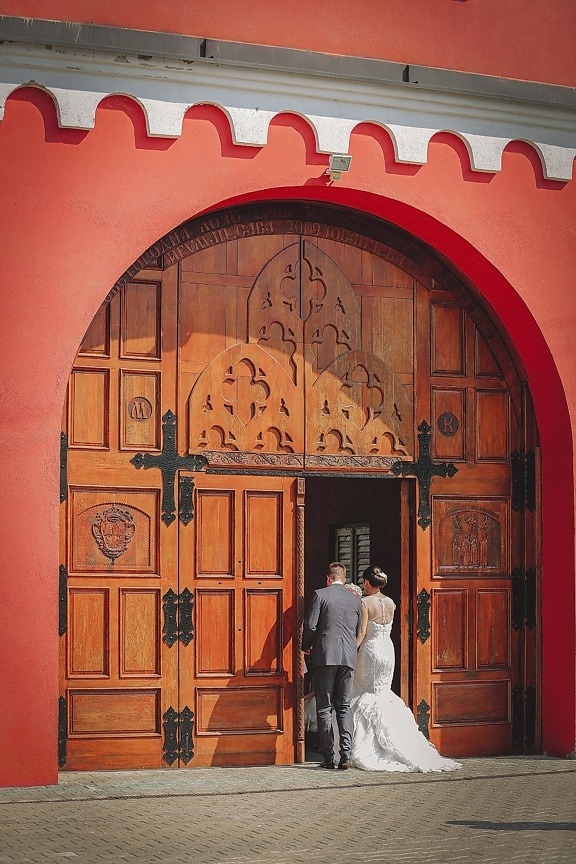 Kloster, vor der Tür, Braut, Eingang, Bräutigam, Tür, Erstellen von, Architektur, Tür, Haus