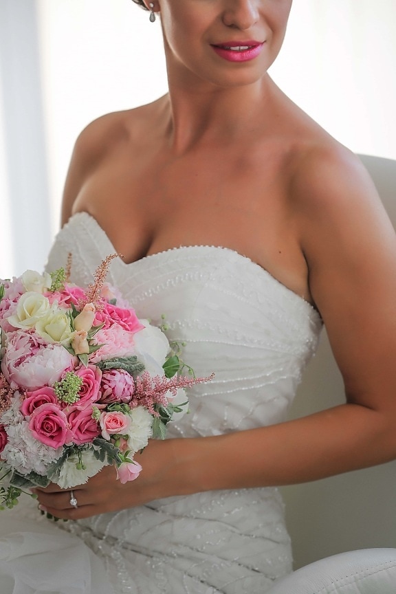 bride, wedding dress, elegance, wedding bouquet, shoulder, lips, photo model, neck, woman, bouquet