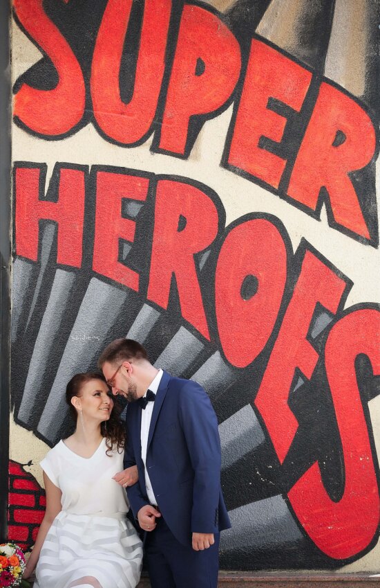 super heroes, gentleman, bride, groom, graffiti, people, man, love, woman, sign