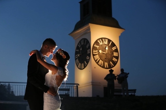 groom, dancing, bride, landmark, night, analog clock, guitarist, musician, shadow, clock