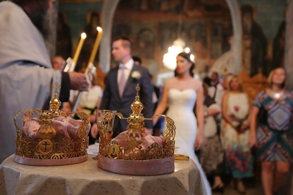 ortodoxa, boda, ceremonia de, coronación, vela, candelero, corona, velas, personas, religión