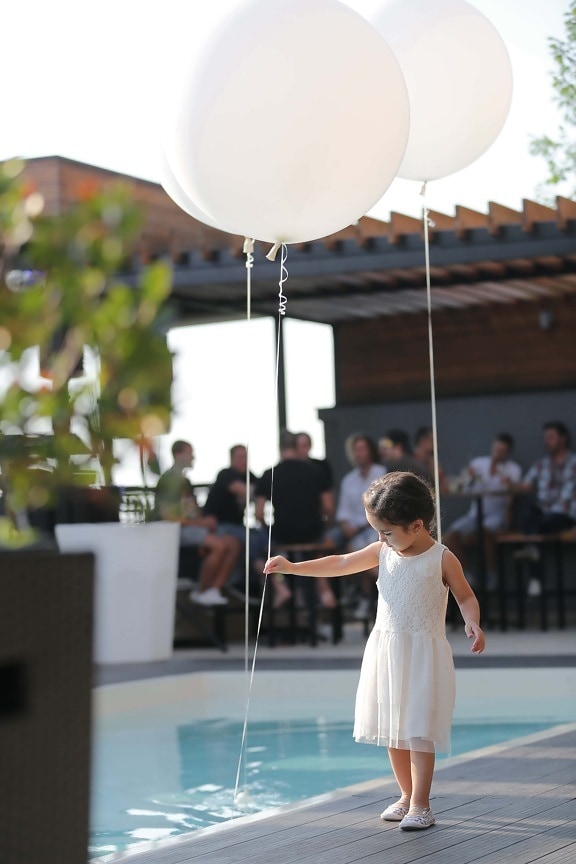 playful, childhood, balloon, girl, child, party, restaurant, swimming pool, people, street