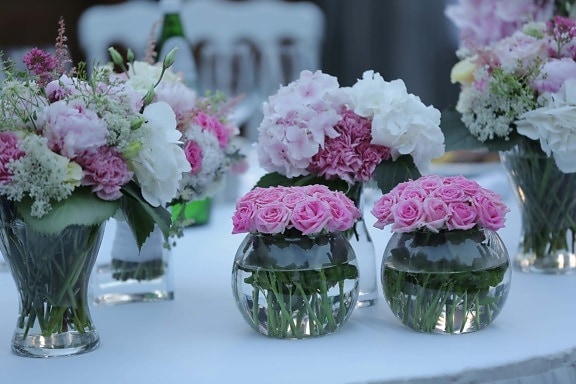 nature morte, vase, des roses, élégant, table, réception, décoration, Rose, fleur, arrangement