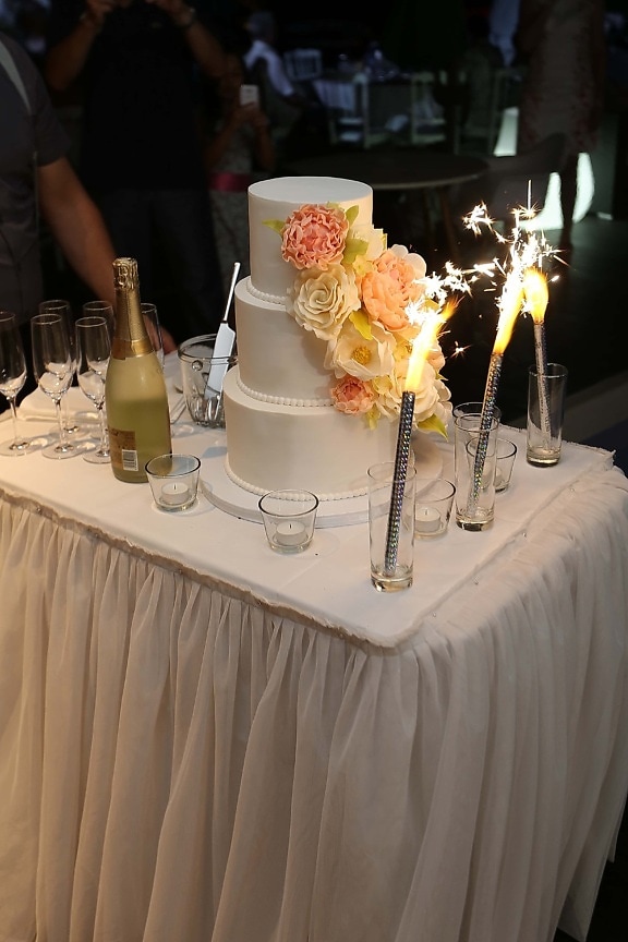 partiet, kake, champagne, seremoni, feiring, bord, møbler, bryllup, stearinlys, vin