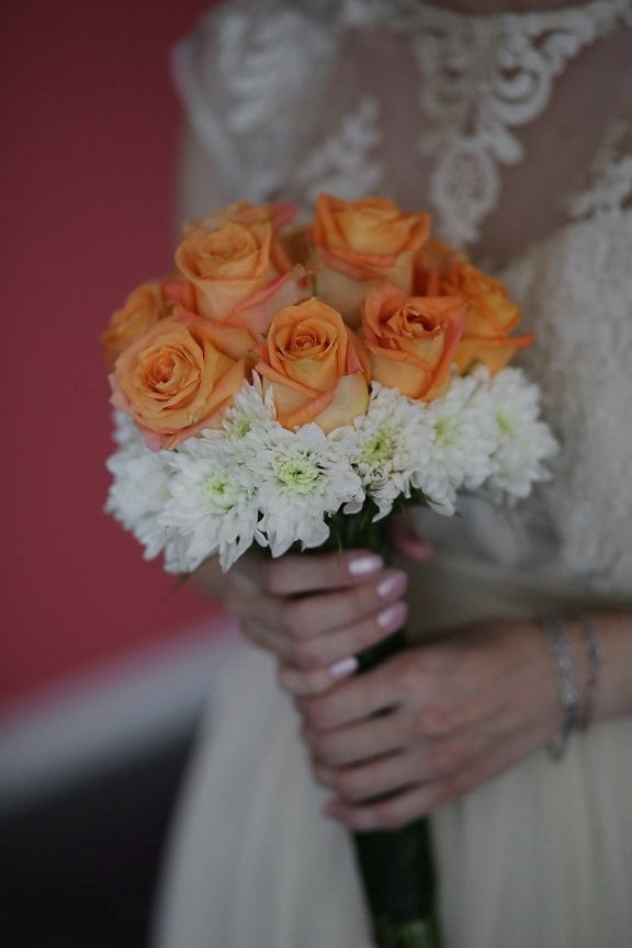 robe de mariée, bouquet de mariage, des roses, jaune orangé, bouquet, la mariée, décoration, mariage, fleur, amour