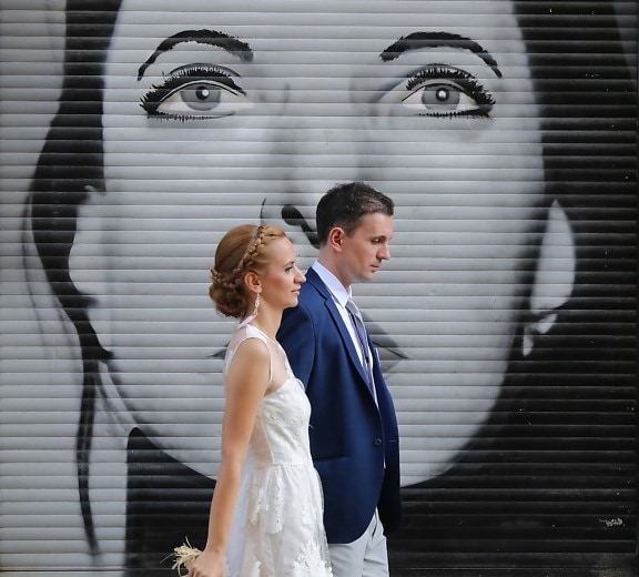 graffiti, portrait, groom, wedding dress, wedding, bride, dress, suit, tie, woman