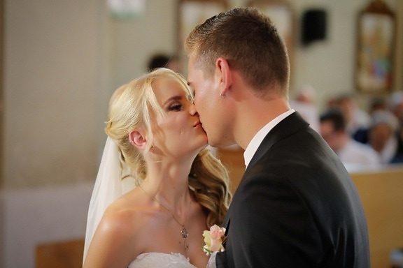 kiss, groom, bride, love, couple, man, woman, wedding, family, indoors