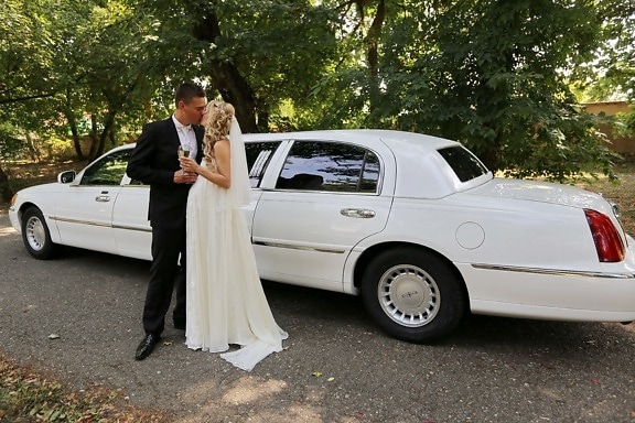vőlegény, csók, menyasszony, pezsgő, Sedan, autó, esküvő, jármű, lány, autóipari