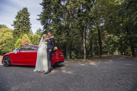 brudgummen, bruden, Audi, kupé, bil, lyx, glamour, Flicka, par, bröllop