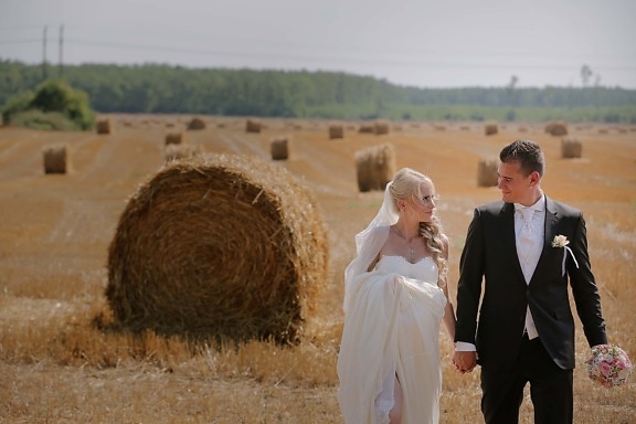professional, wedding, photography, hay field, summer, agriculture, rural, harvest, hay, bale