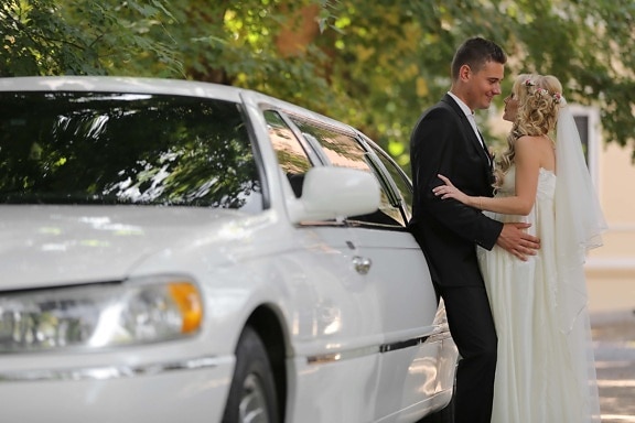 white limousine car, sedan, wedding, bride, groom, automobile, transportation, love, woman
