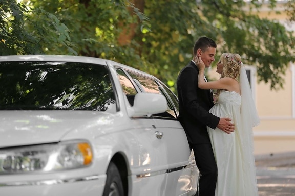 bride, groom, luxury, car, hugging, wedding, wedding dress, smiling, love, vehicle