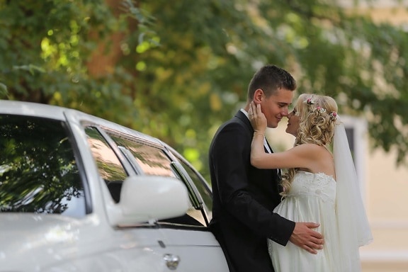 wedding, glamour, white limousine car, sedan, groom, bride, love, engagement, couple, woman