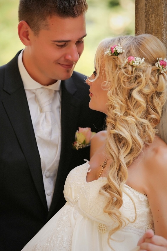 bruden, underbar, blont hår, brudgummen, tillgivenhet, kvinna, bröllop, Kärlek, romantik, mode