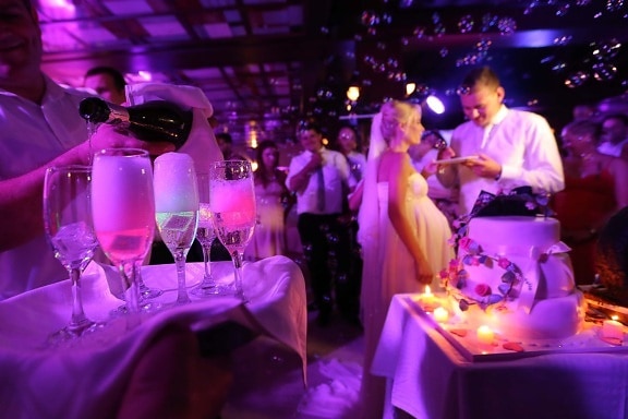 champagne, party, nightclub, wedding venue, nightlife, wedding, groom, bride, celebration, music, performance