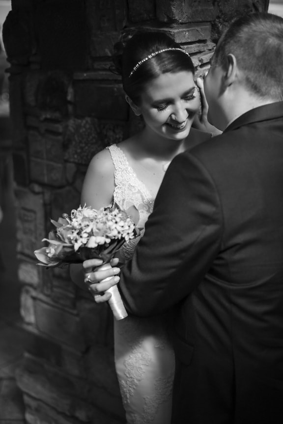 smiling, pretty girl, hugging, embrace, people, flowers, wedding, bride, bouquet, couple