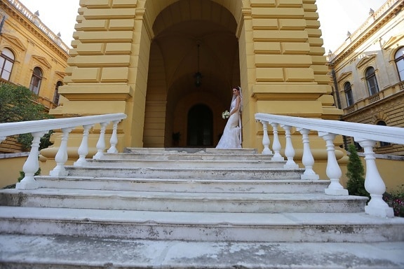 hercegnő, menyasszony, fátyol, esküvői ruha, kastély, lépcső, lépés, építészet, eszköz, épület