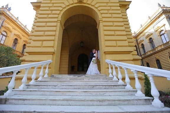 gentleman, castle, bride, kiss, staircase, entrance, front door, front porch, building, step