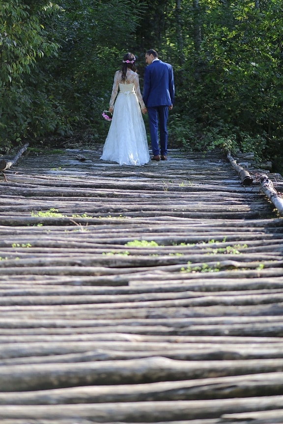 wooden, bridge, walking, groom, bride, wedding dress, wedding bouquet, wedding, nature, people