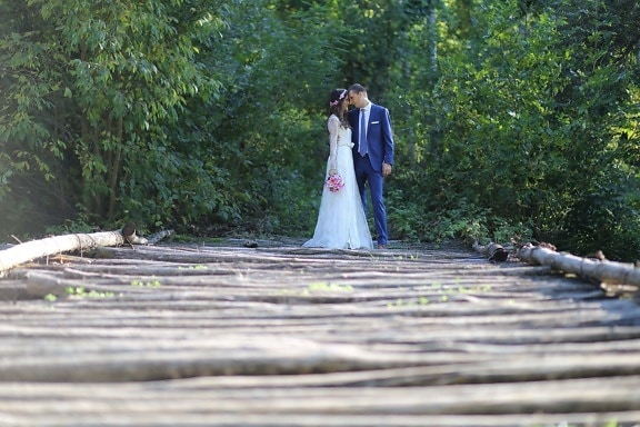 wooden, old, bridge, groom, bride, girl, wood, couple, nature, love