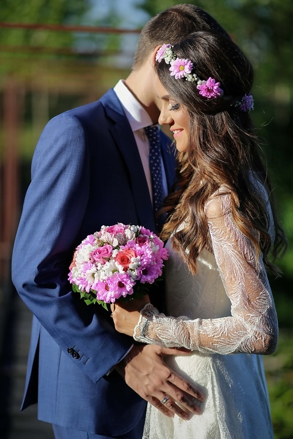 gaun pengantin, Pengantin, gaya rambut, buket pernikahan, senyum, potret, pernikahan, gaun, di luar rumah, Cinta