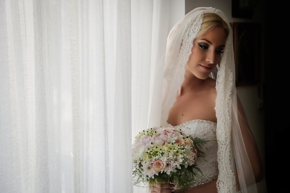 blonde, gorgeous, wedding dress, veil, pretty girl, bride, dress, towel, wedding, portrait
