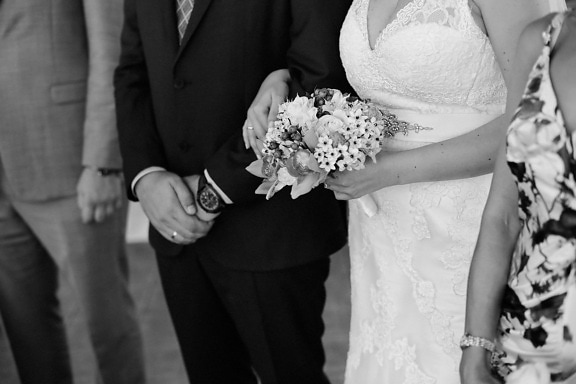 düğün elbisesi, düğün buketi, Düğün, töreni, siyah ve beyaz, ayakta, insanlar, evlilik, buket, elbise