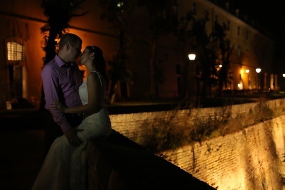 lady, man, kiss, night, fortification, fortress, rampart, groom, person, people