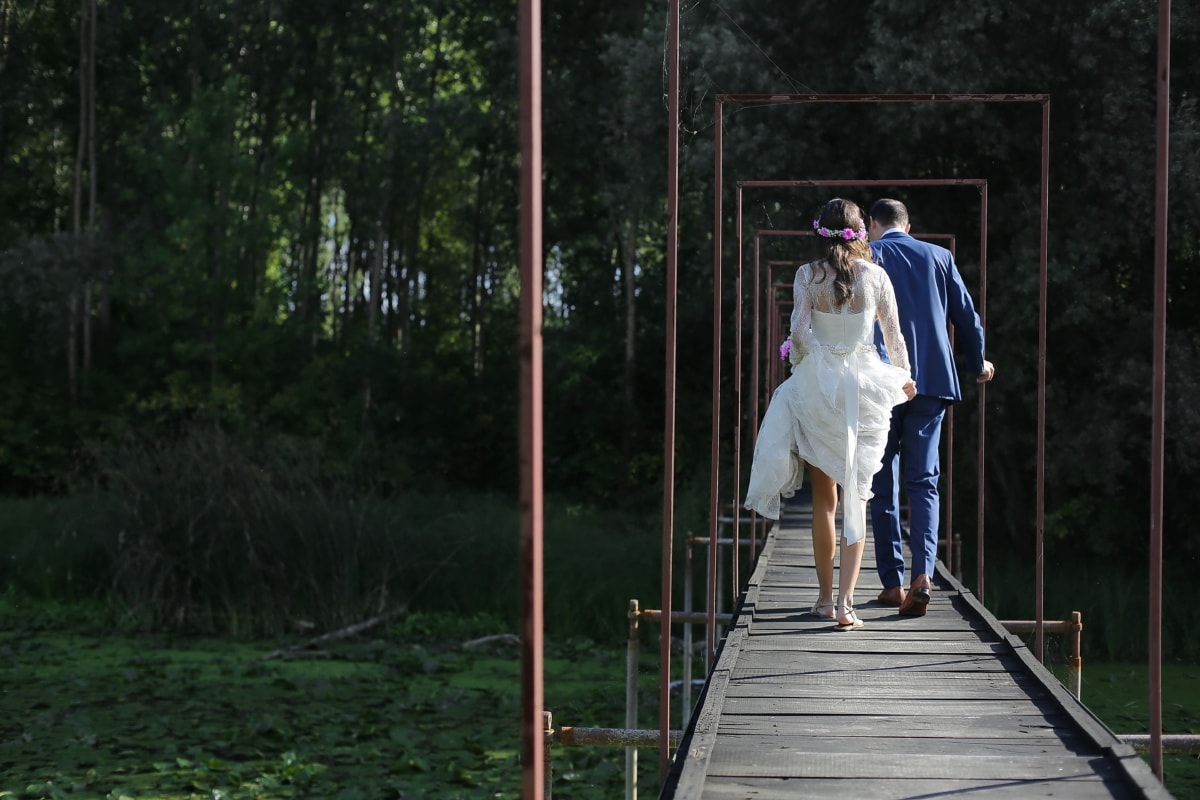 bridge, groom, bride, forest, swamp, man, outdoors, person, lifestyle, people