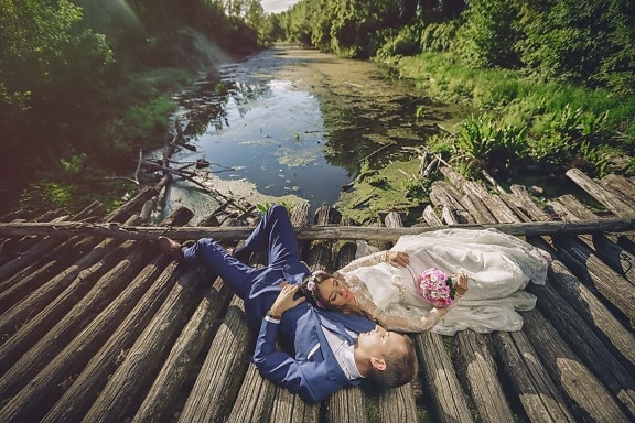professionnel, photographie, mariage, la mariée, marais, jeune marié, en bois, pont, eau, bois